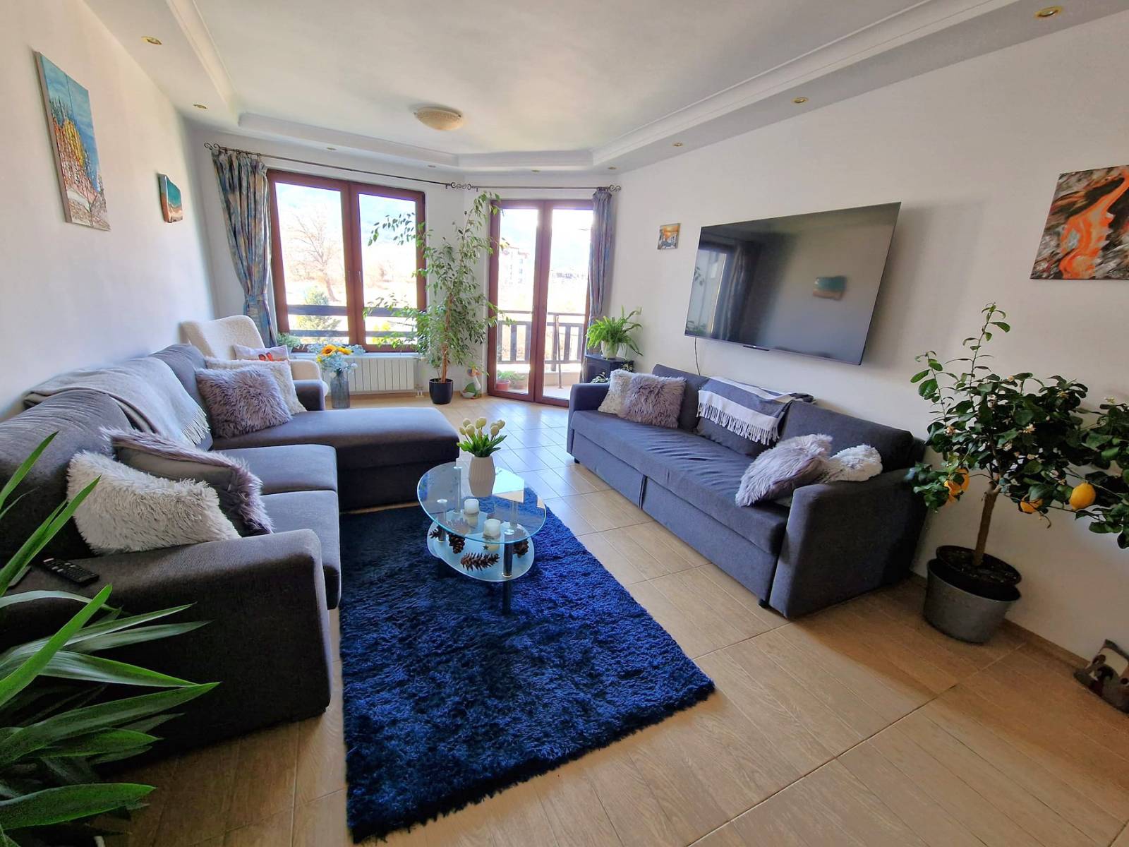 A modern, cozy two bedroom apartment with new furniture and a frontal view of the Pirin Mountains